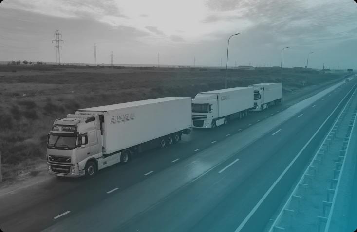 Два белые фуры Transline, движущихся по автомагистрали, окрашенной в монохромные синие тона, подчёркивающие надёжность и стабильность транспортных услуг.